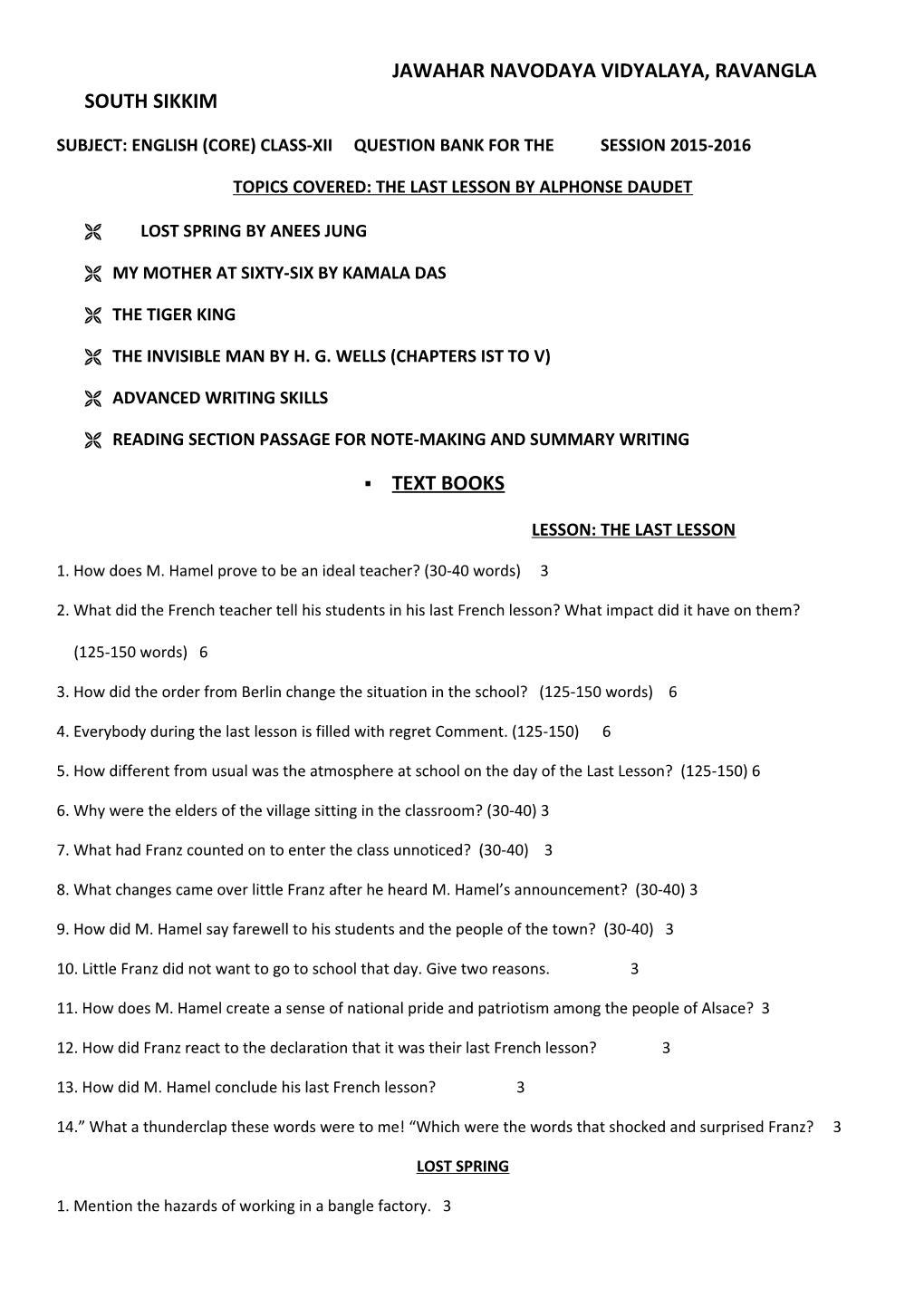 Subject: English (Core) Class-Xii Question Bank for the Session 2015-2016
