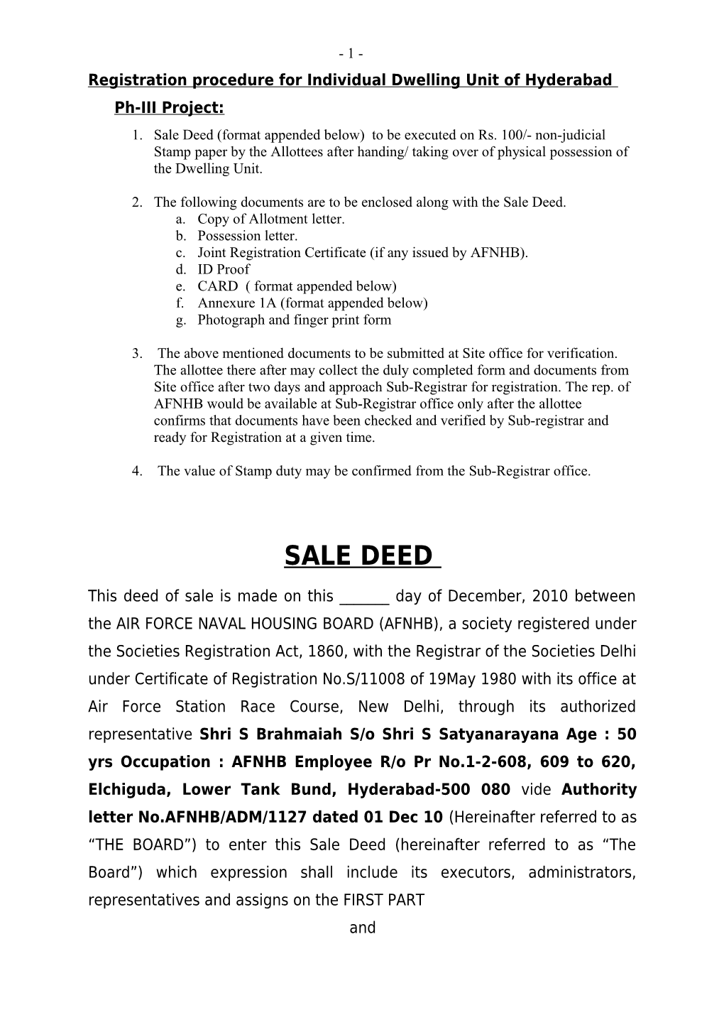 Registration Procedure for Individual Dwelling Unit of Hyderabad Ph-III Project