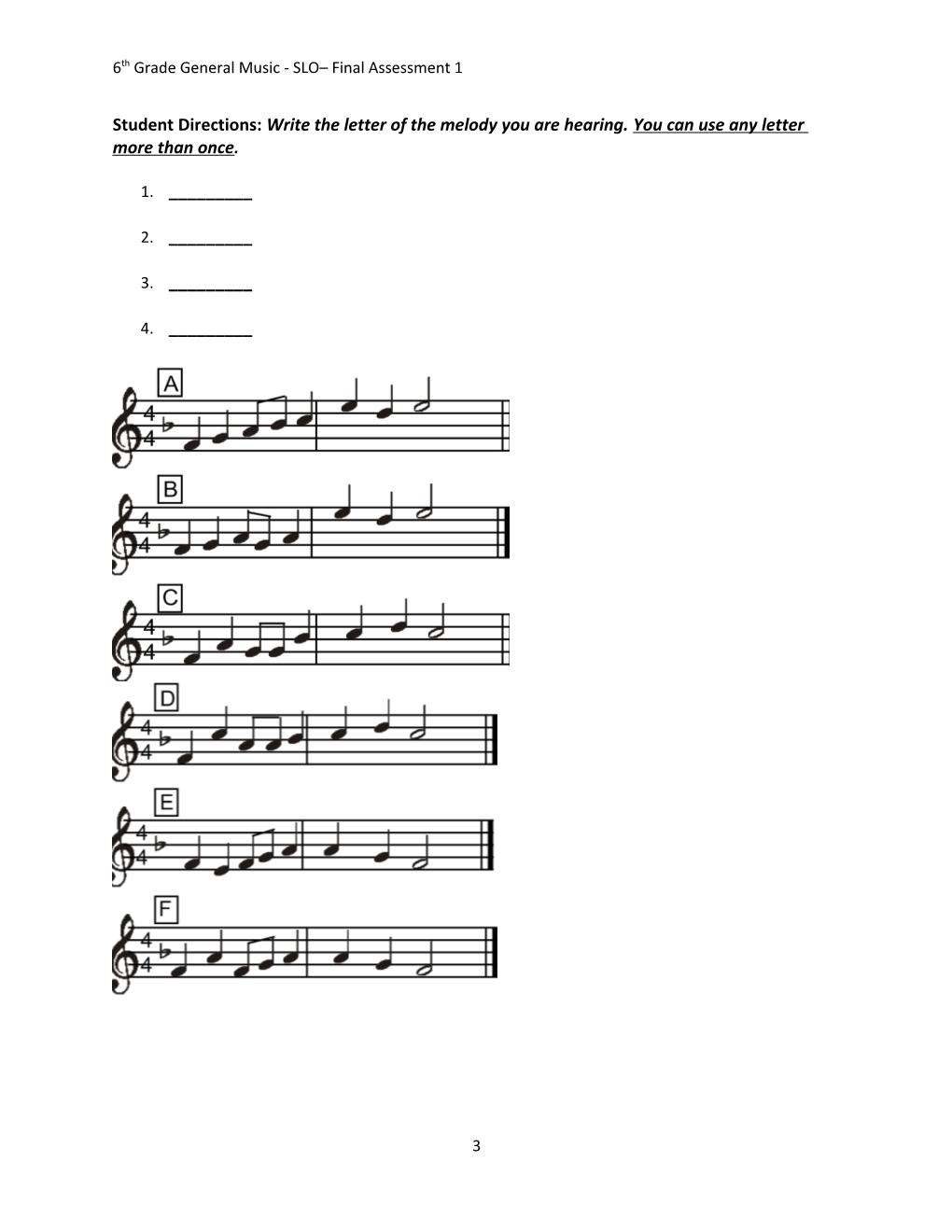 6Th Grade General Music - SLO Final Assessment 1