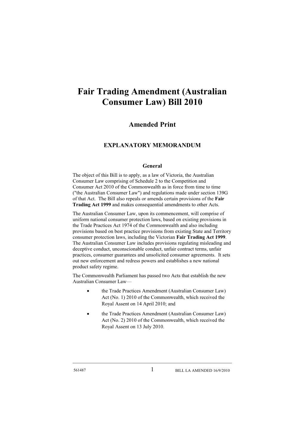 Fair Trading Amendment (Australian Consumer Law) Bill 2010