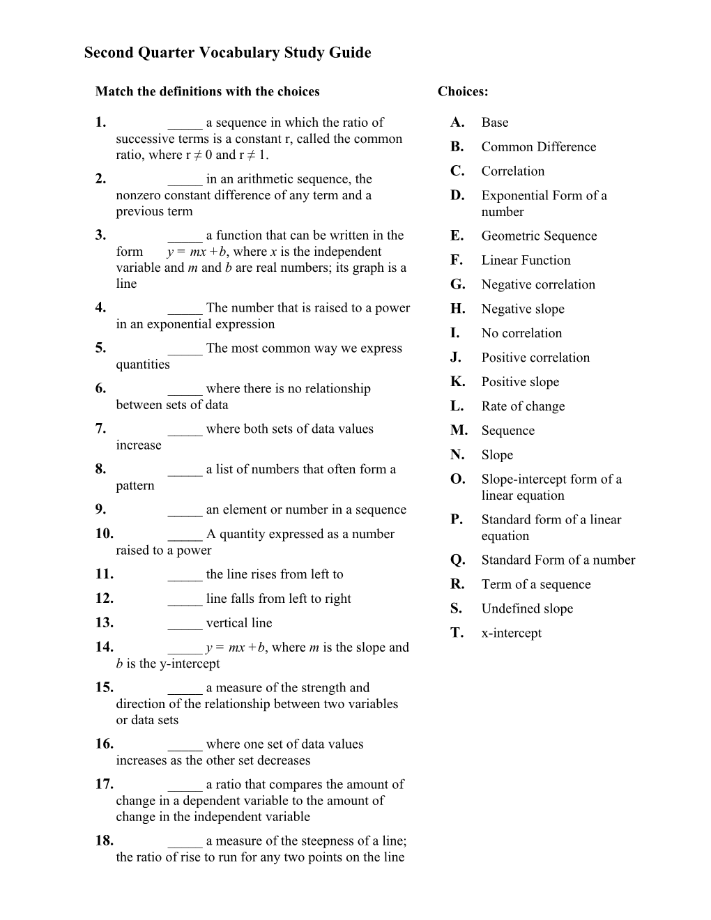 Second Quarter Vocabulary Study Guide