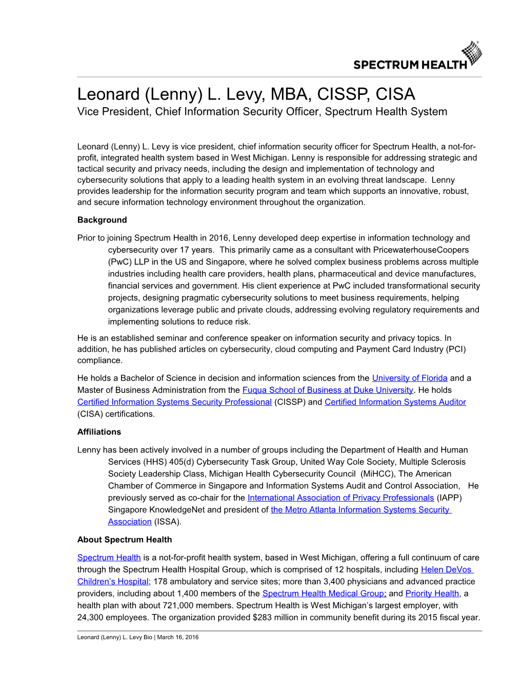 Leonard (Lenny) L. Levy, MBA, CISSP, CISA