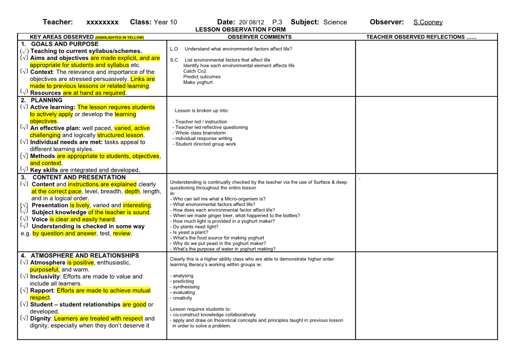 Sutton Coldfield College: Lesson Observation Form