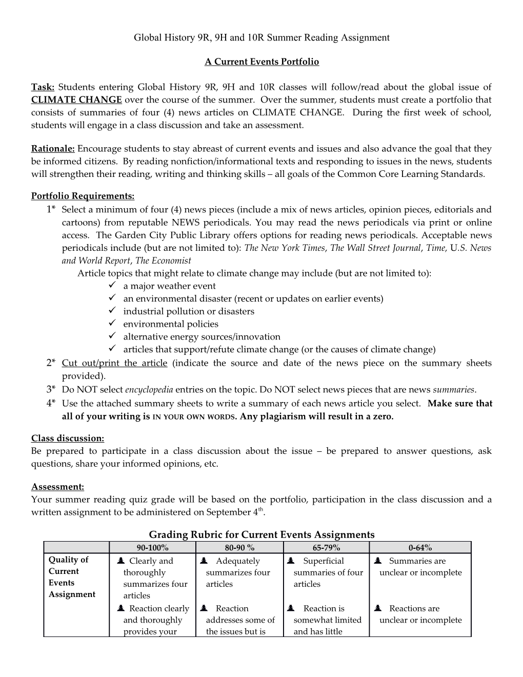 Global History 9R, 9H and 10R Summer Reading Assignment