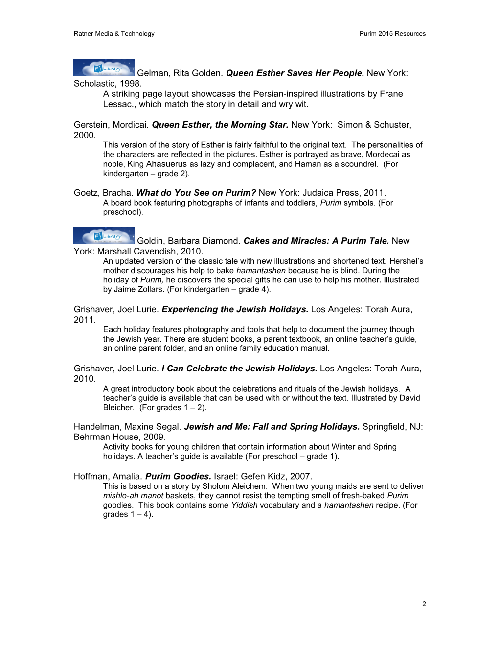 Ratner Media & Technology Purim 2015 Resources