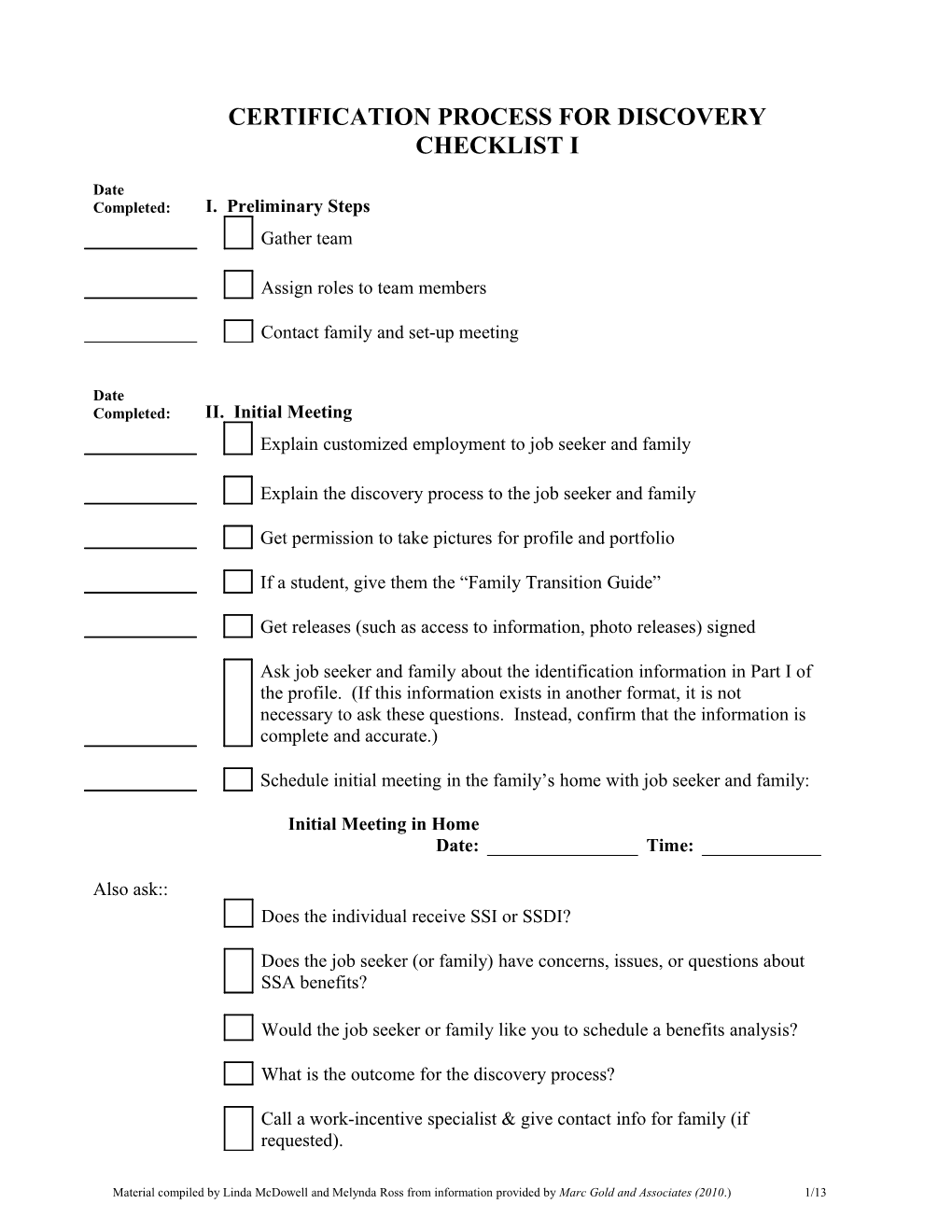 Customized Employment Checklist I: Discovery