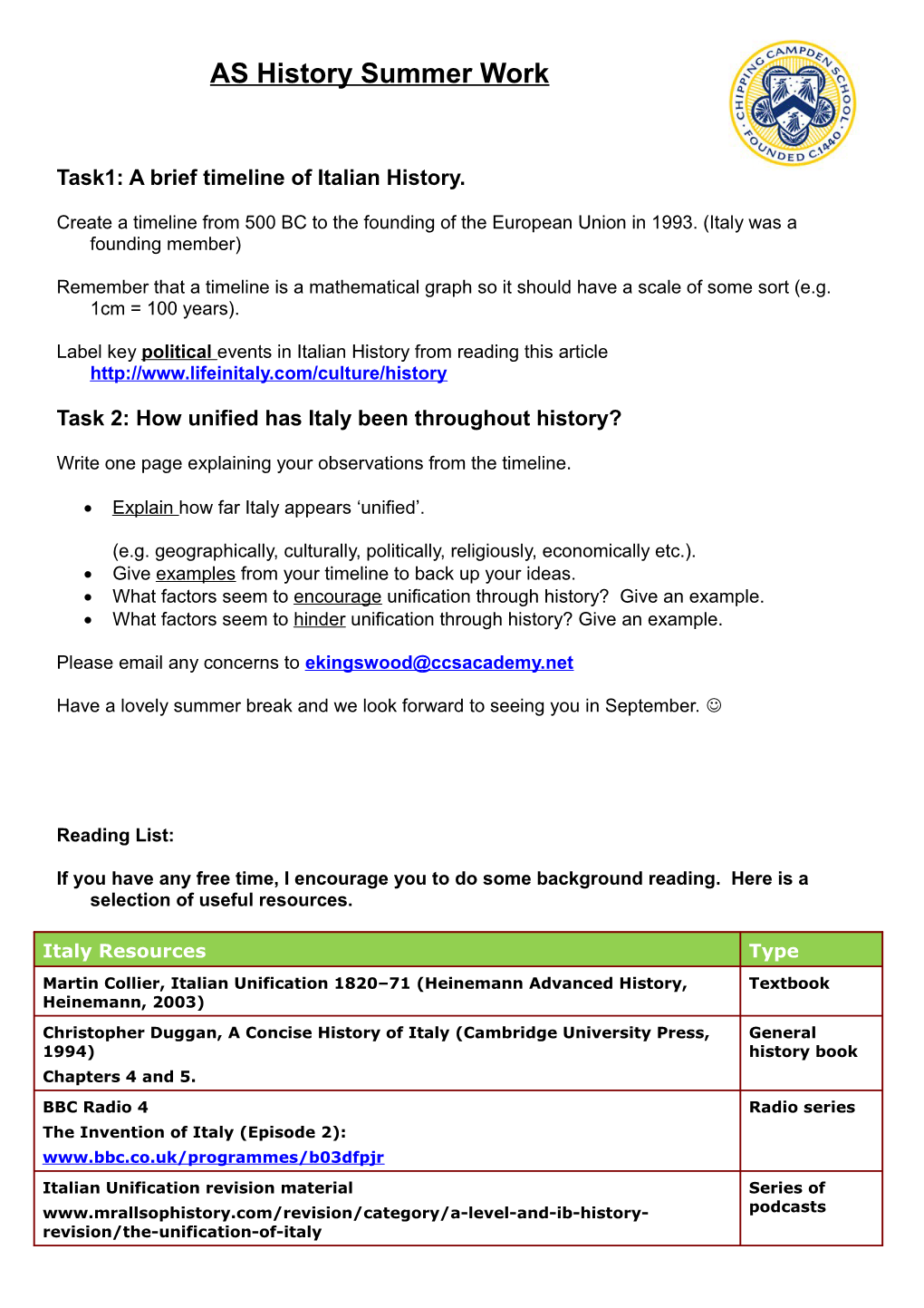 Task1: a Brief Timeline of Italian History