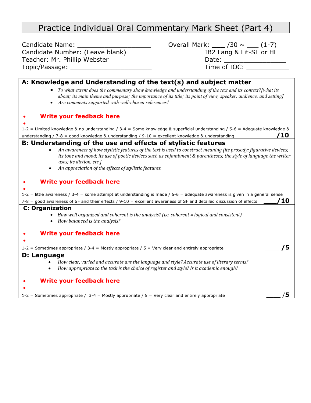 IB A1 Standard: Oral Assessment Mark Sheet