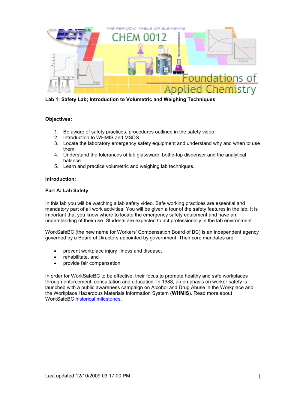 Lab 1: Safety Lab; Introduction to Volumetric and Weighing Techniques