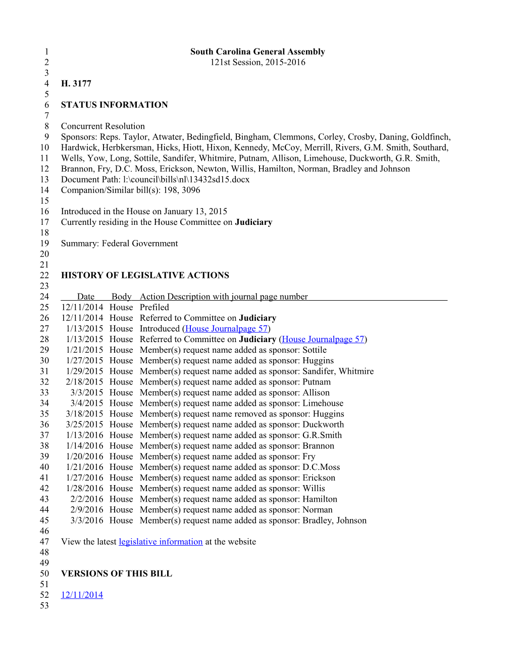 2015-2016 Bill 3177: Federal Government - South Carolina Legislature Online