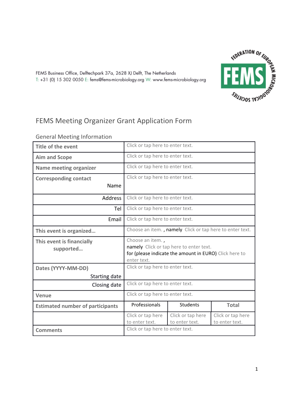 FEMS Meeting Organizer Grant Application Form