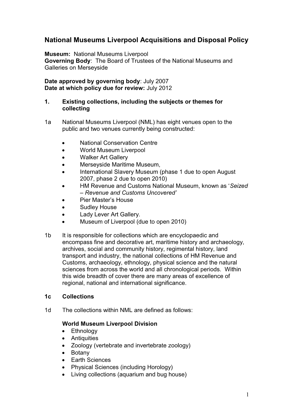 National Museums Liverpool Acquisitions and Disposal Policy