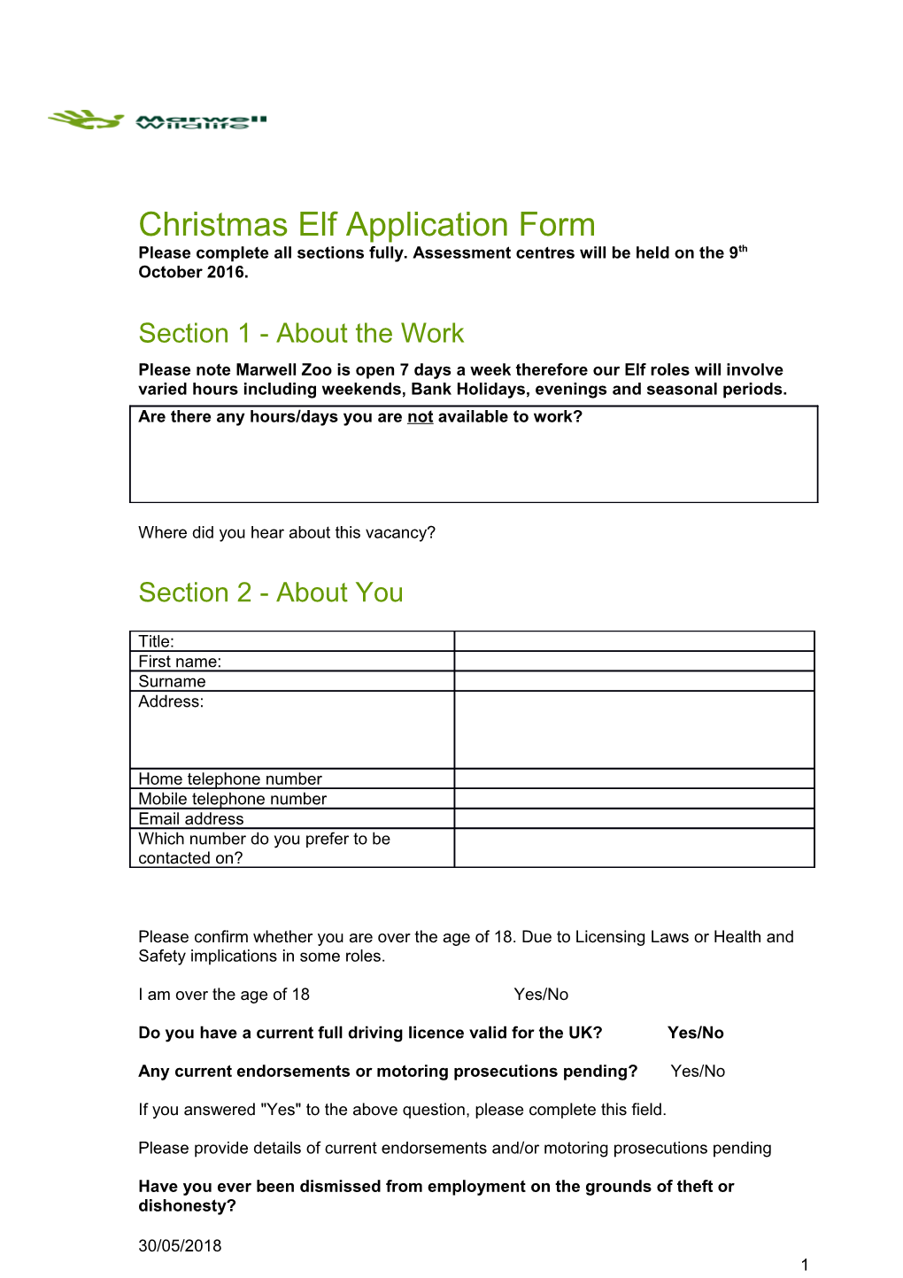 Christmas Elf Application Form