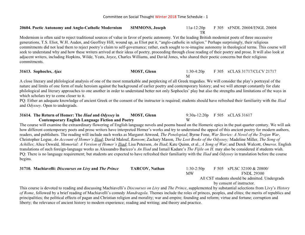 Committee on Social Thought WINTER 2016 Course Schedule s1