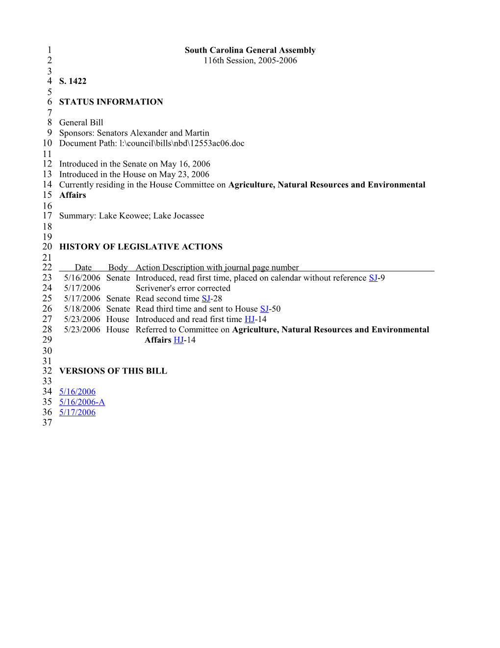 2005-2006 Bill 1422: Lake Keowee; Lake Jocassee - South Carolina Legislature Online