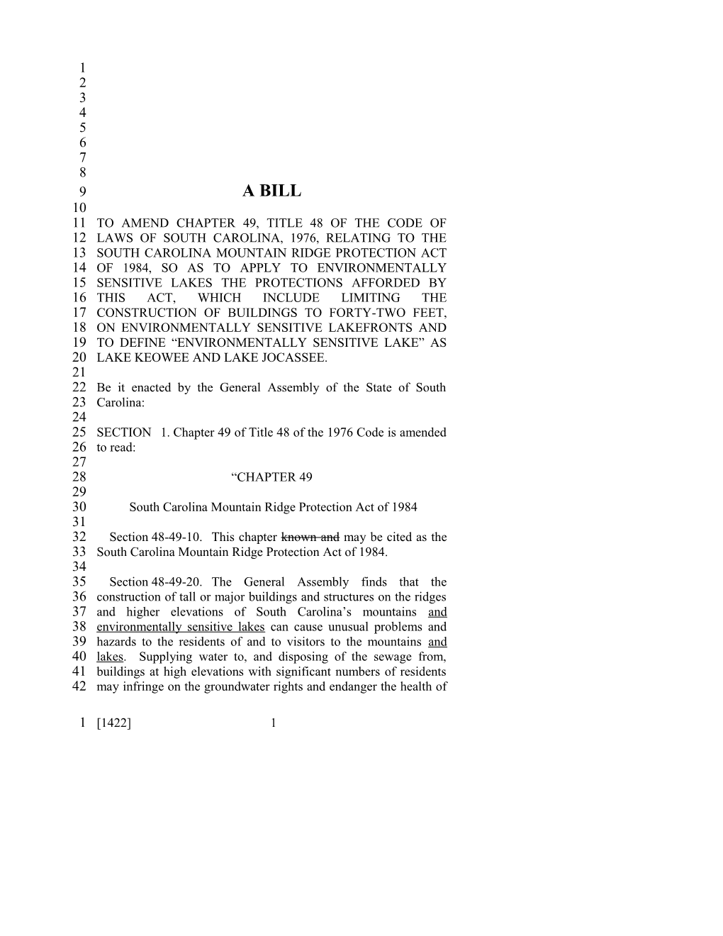 2005-2006 Bill 1422: Lake Keowee; Lake Jocassee - South Carolina Legislature Online