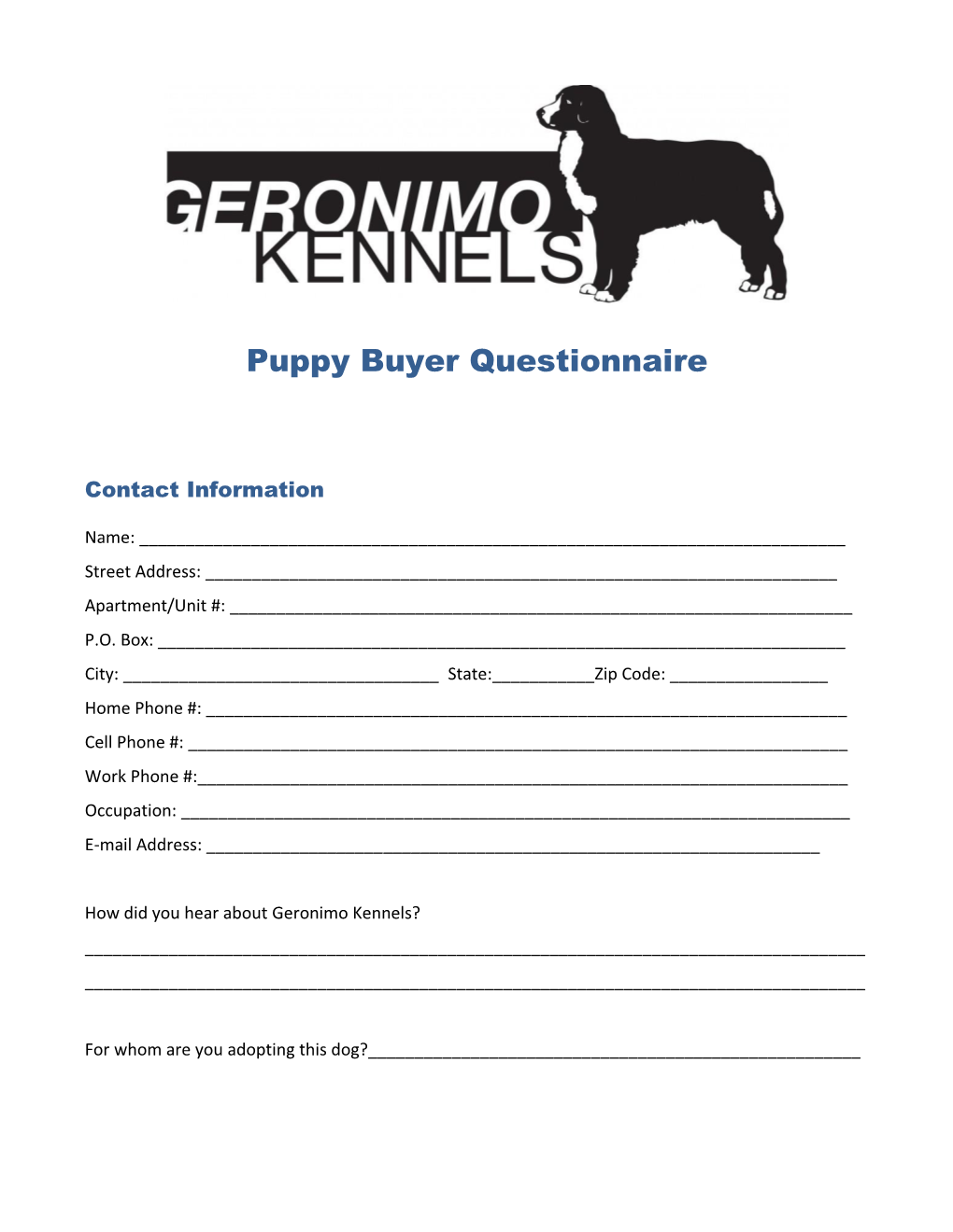 Puppy Buyer Questionnaire