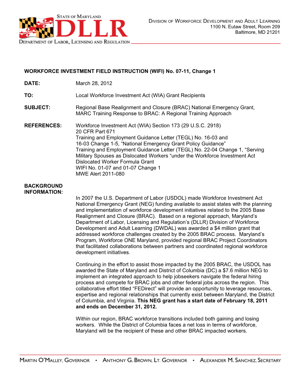 WORKFORCE INVESTMENT FIELD INSTRUCTION (WIFI) No. 07-11, Change 1