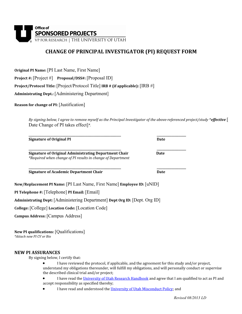Osp Change of Principal Investigator ( Pi ) Form
