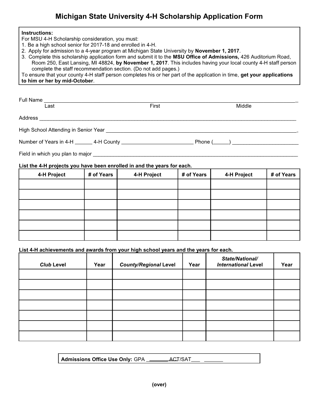 Michigan State University 4-H Scholarship Application Form