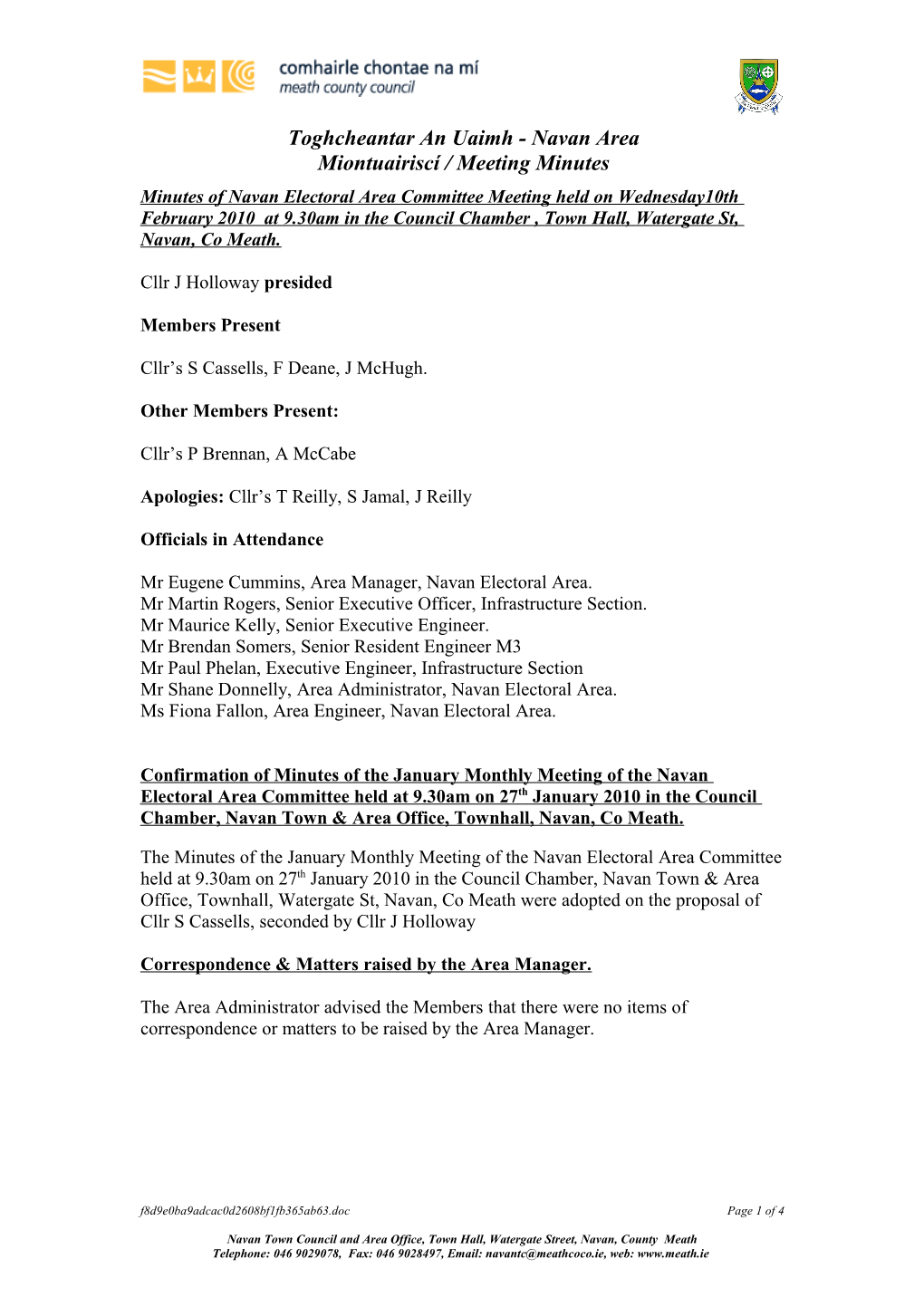 Minutes of Navan Electoral Area Committee Meeting Held on Wednesday10th February 2010 at 9