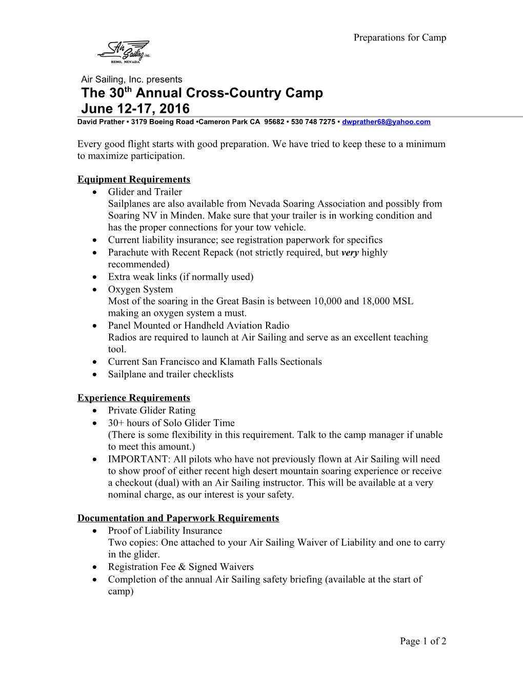 Air Sailing, Inc. Presents the 30Th Annual Cross-Country Camp