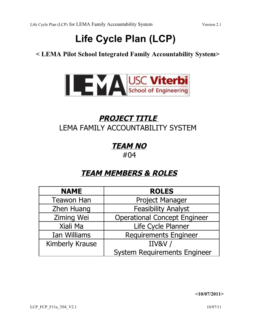 Life Cycle Plan (LCP) for LEMA Family Accountability System Version 2.1