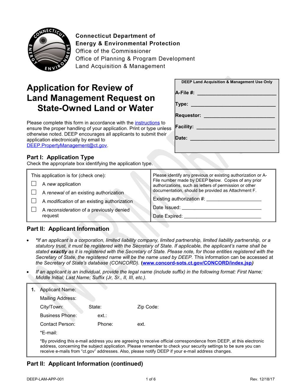 Application for Review of Land Management Request on State-Owned Land Or Water