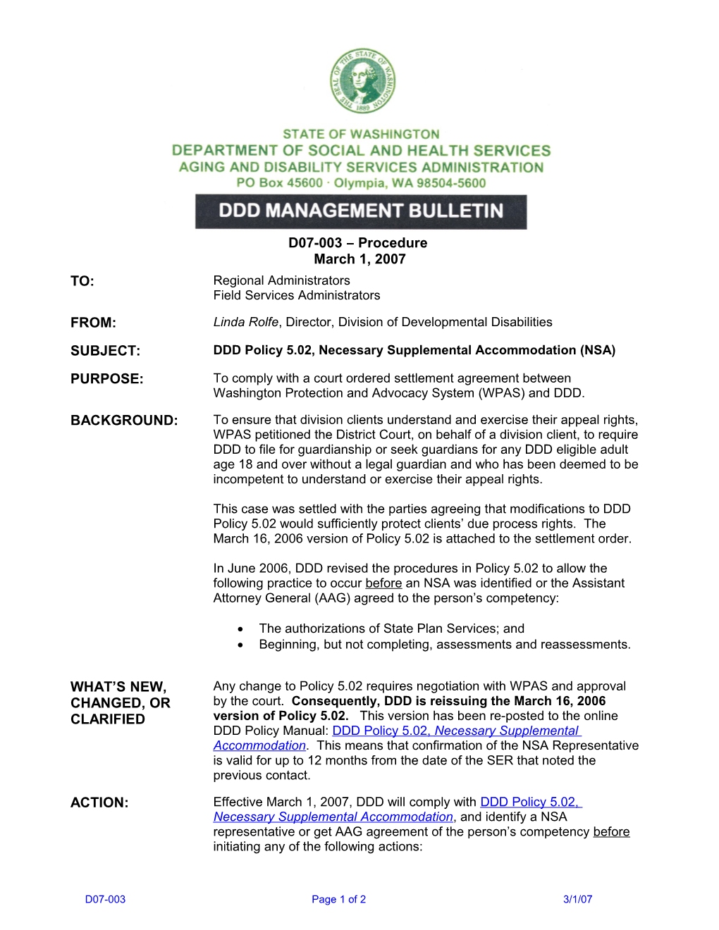 DDD Policy 5.02, Necessary Supplemental Accommodation (NSA)