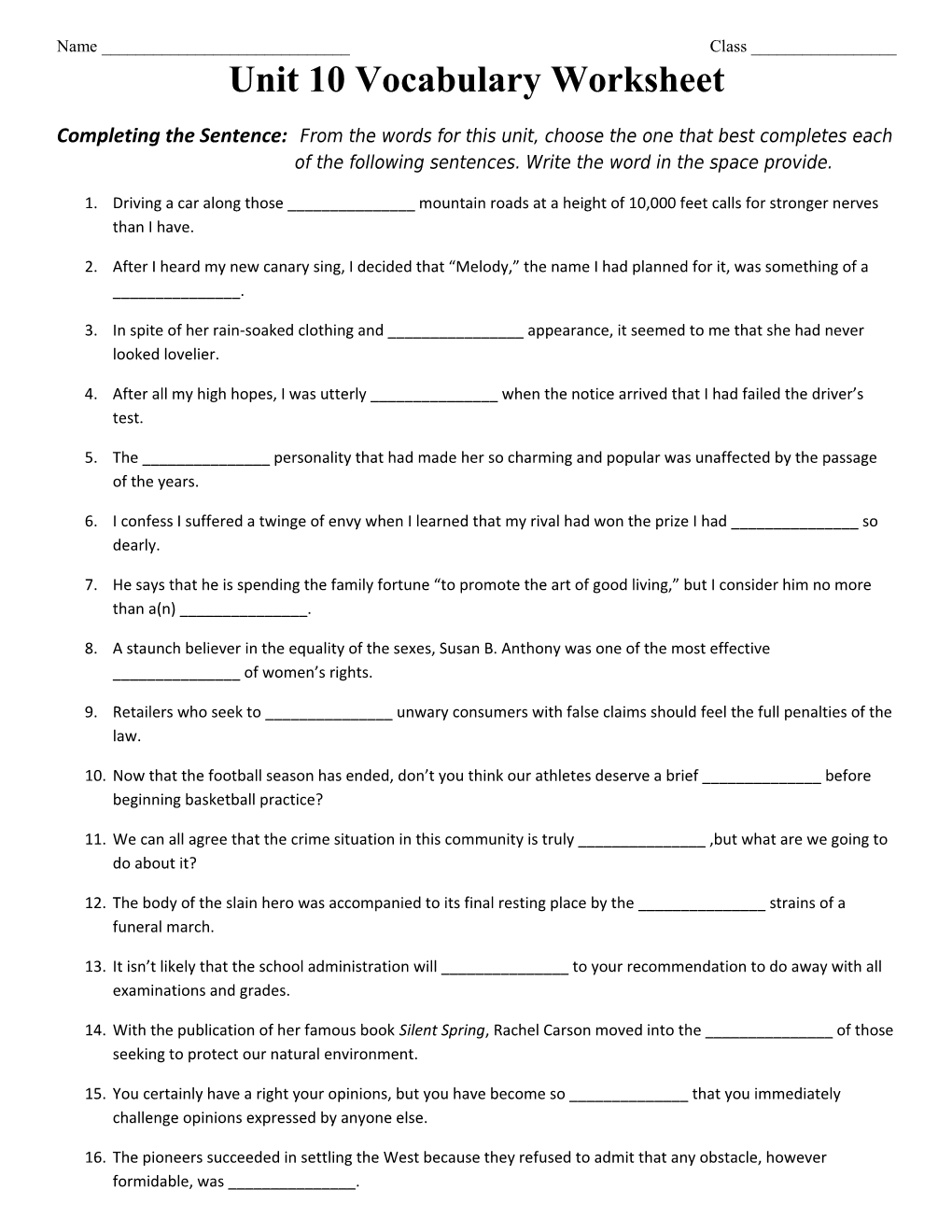 Unit 10 Vocabulary Worksheet