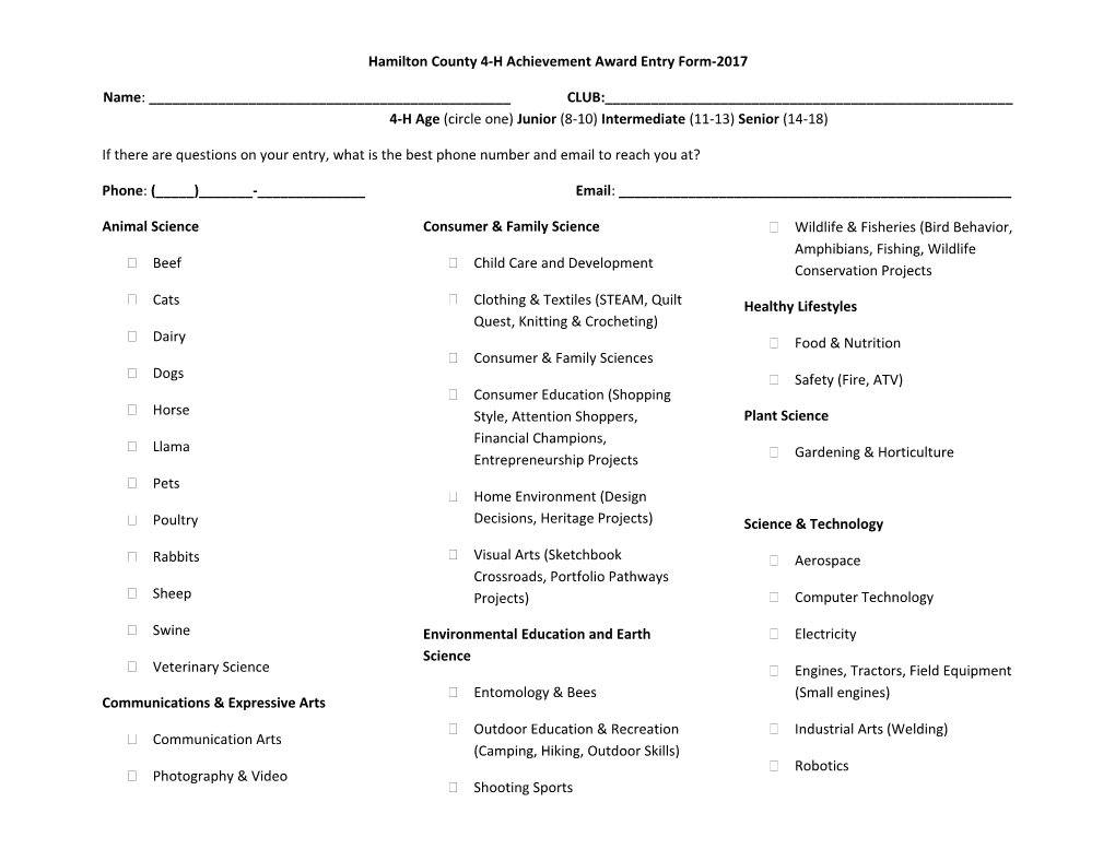 Hamilton County 4-H Achievement Award Entry Form-2017