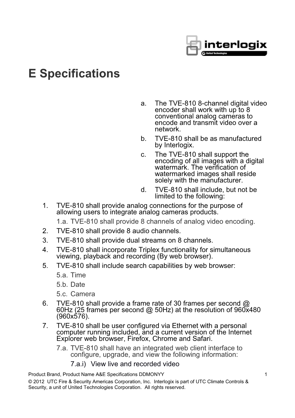 TVE-810 H.264 IP 960H Encoder A&E Specifications