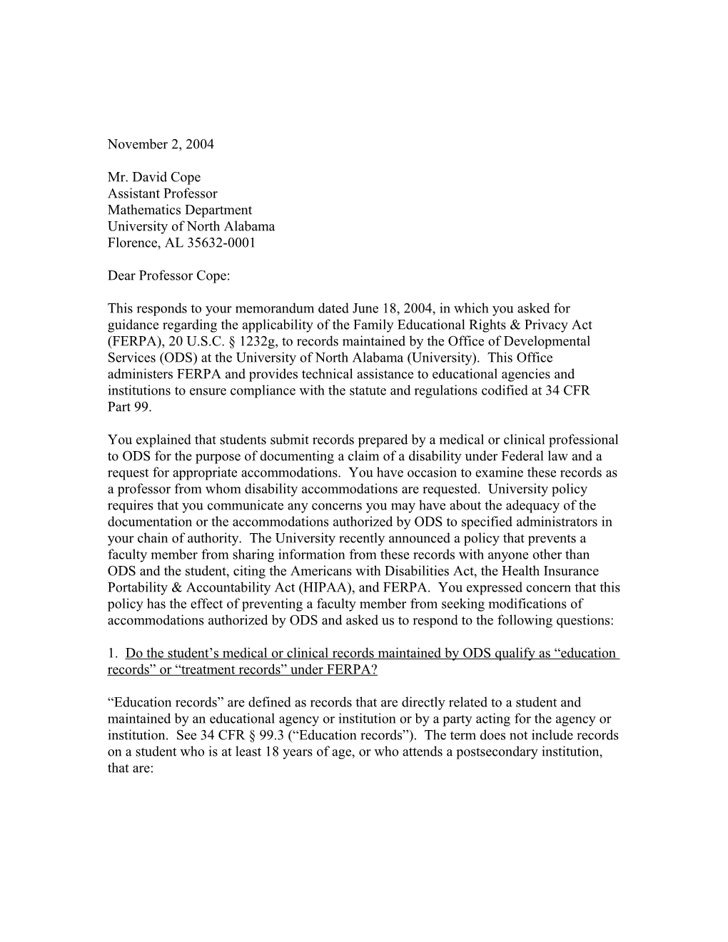 Letter to University of North Alabama Re: Disability Office Records (11/2/04) (MS Word)