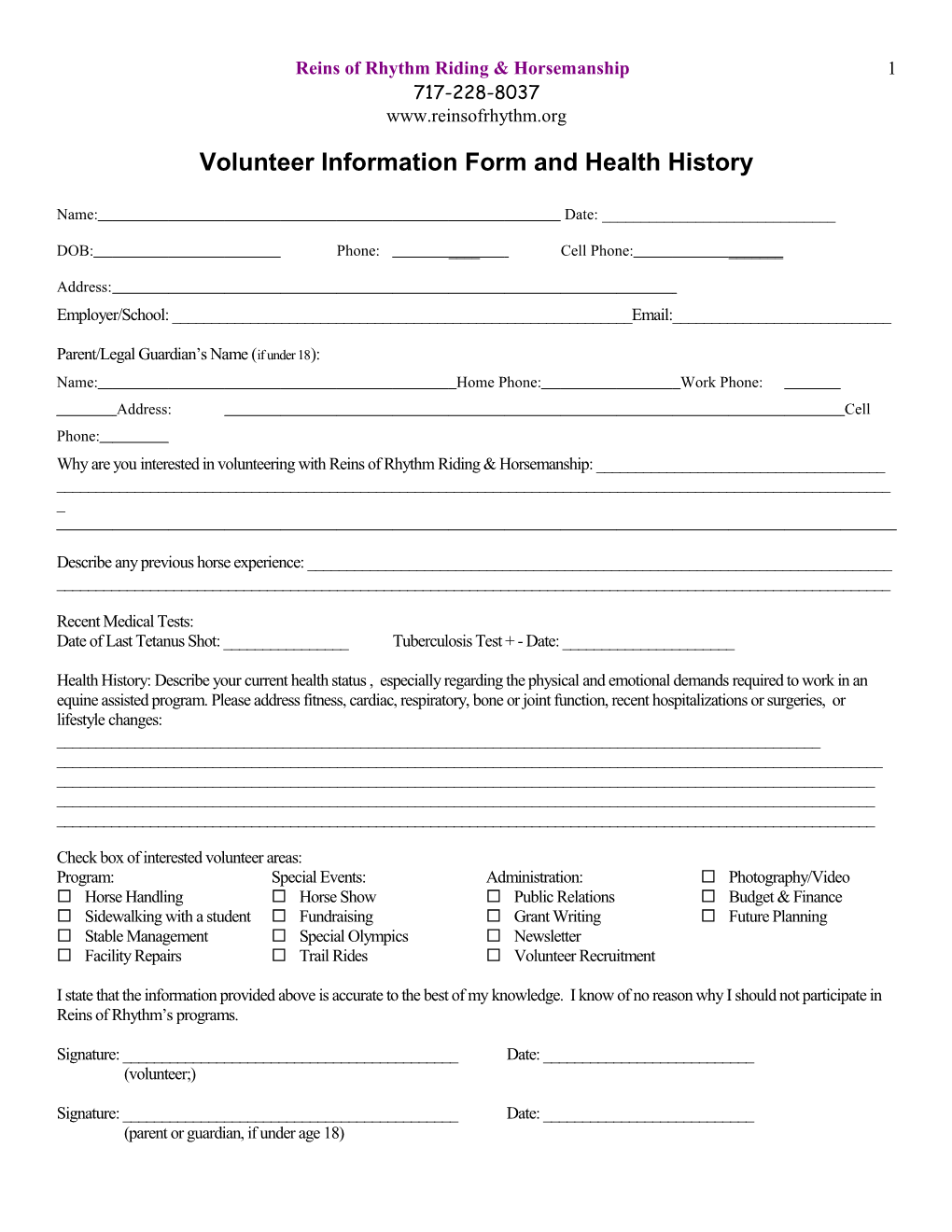 Volunteer Information Form and Health History