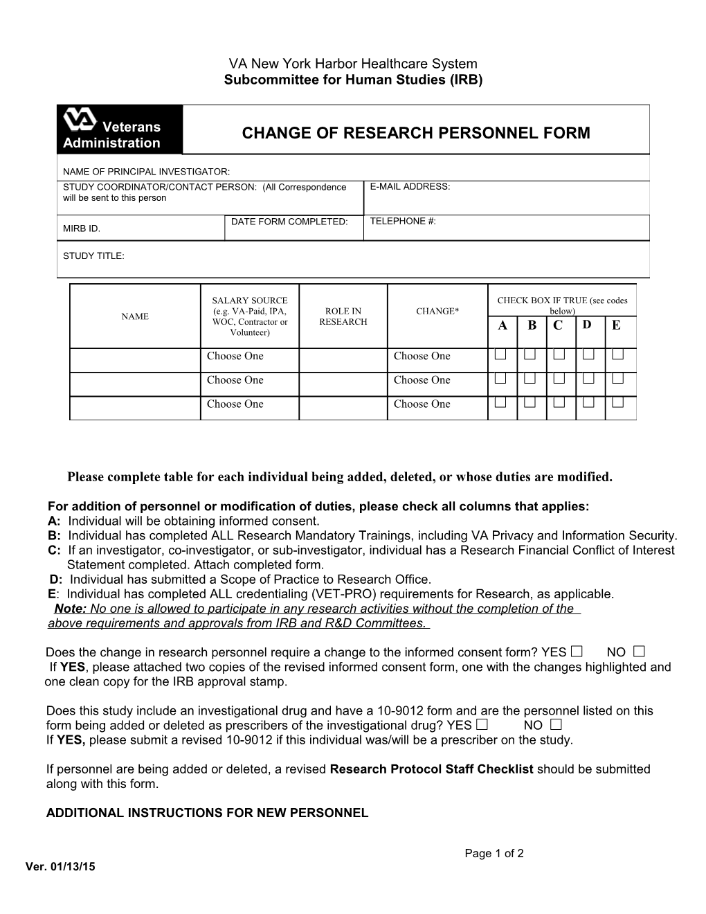Change of Research Personnel Form