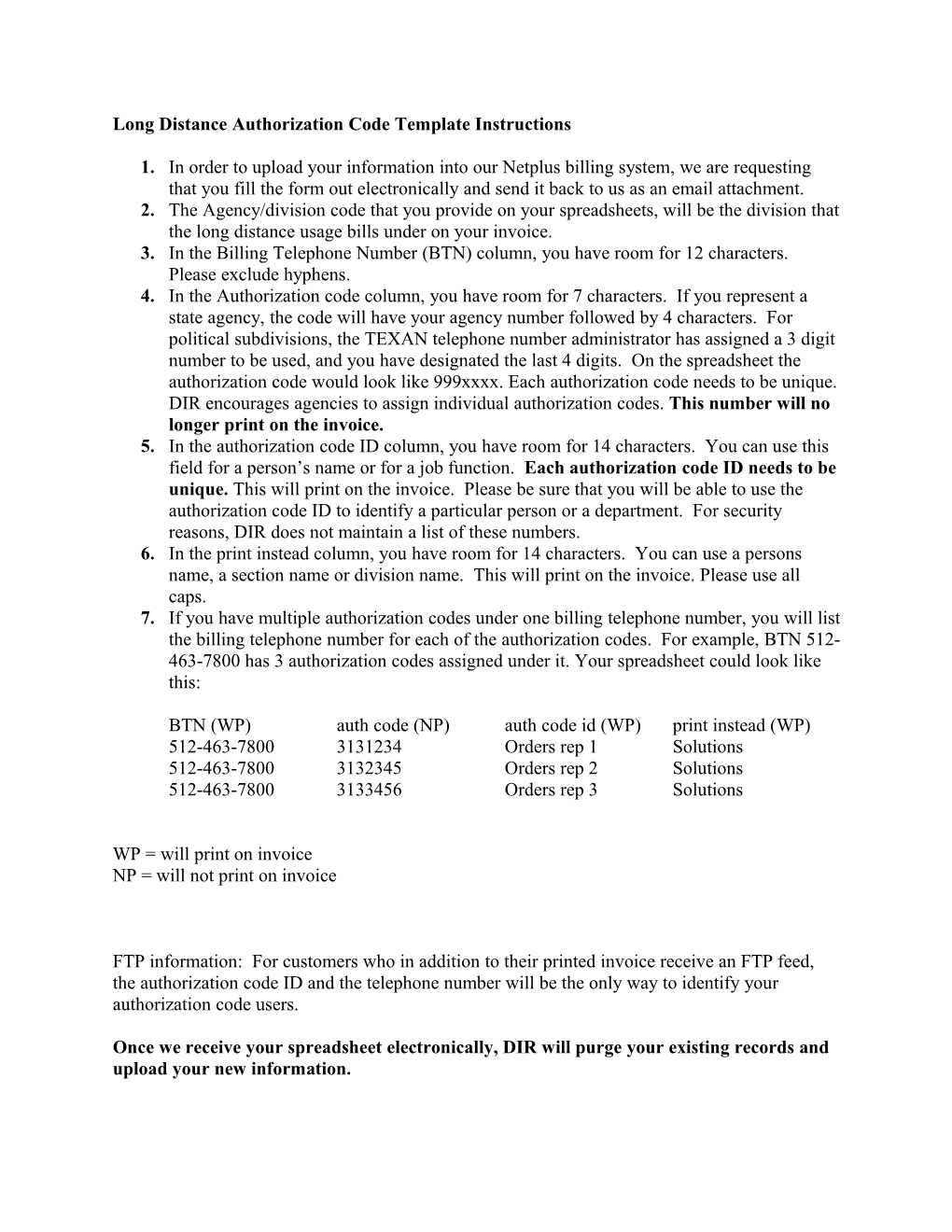 Long Distance Authorization Code Instructions