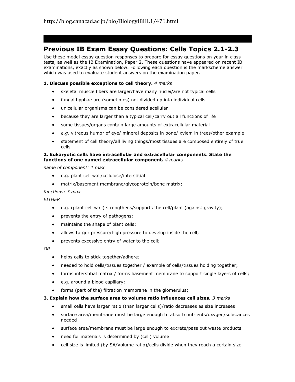 Previous IB Exam Essay Questions: Cells Topics 2.1-2.3