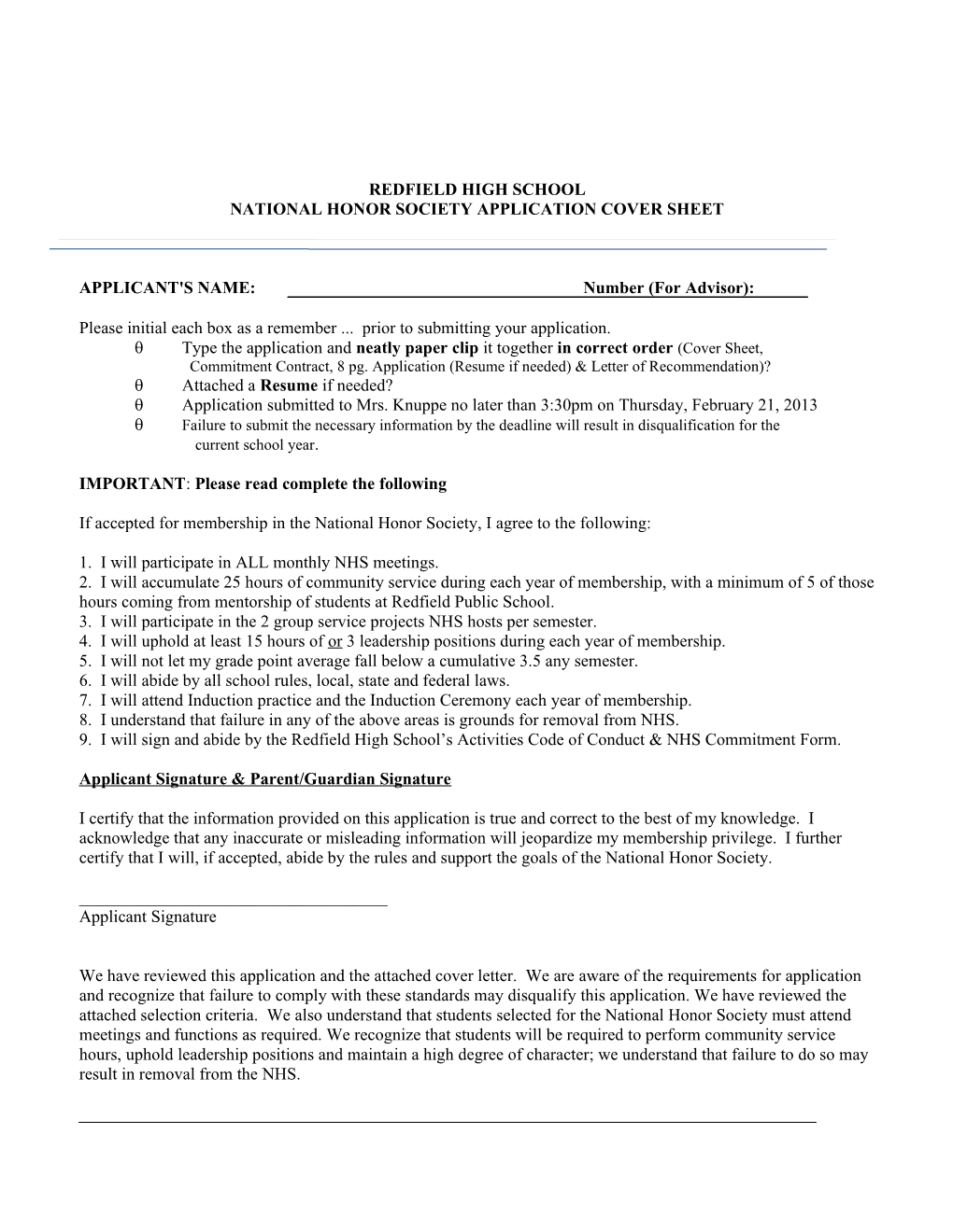 Redfield High School – National Honor Society Application