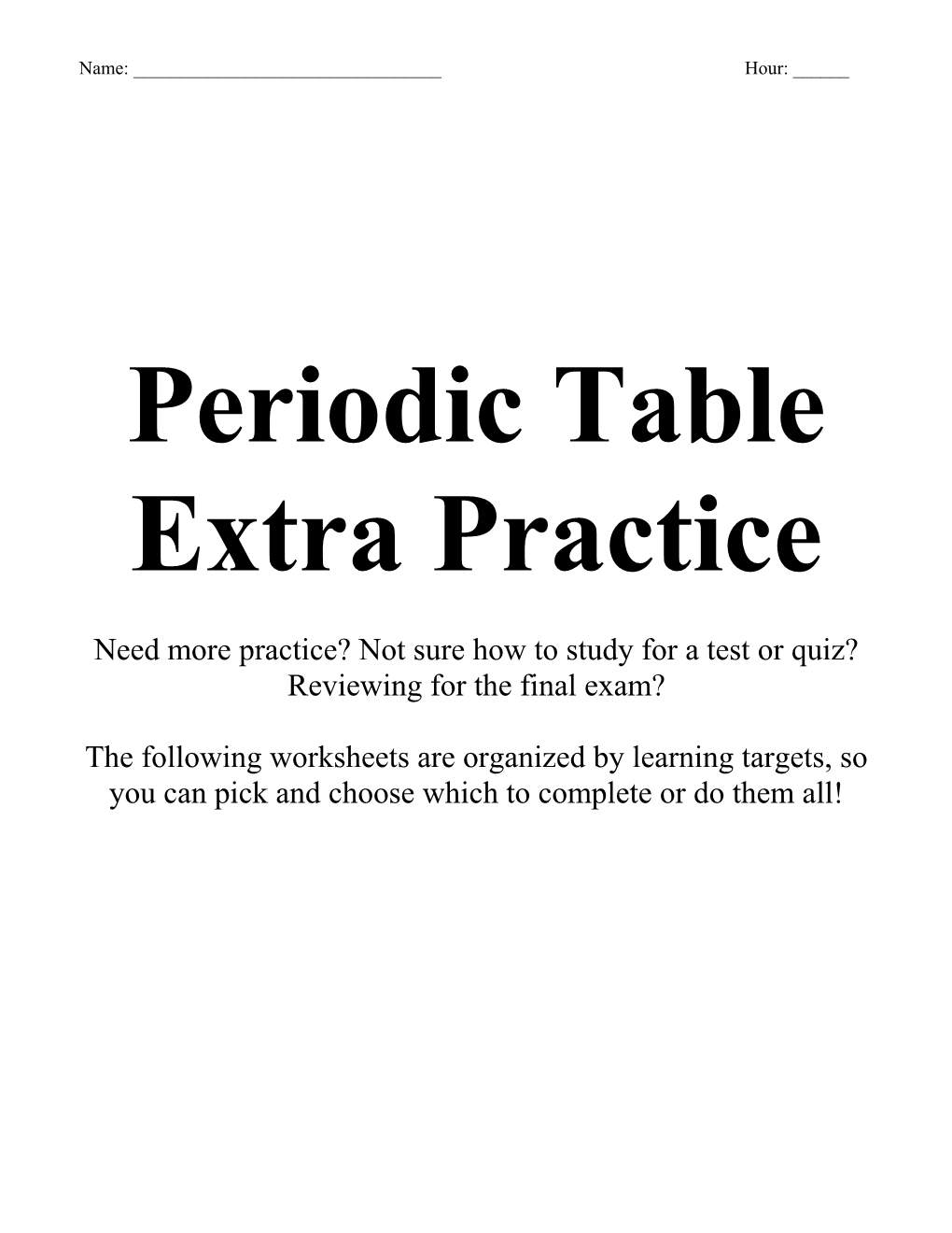 Chemistry A- Periodic Table Packet