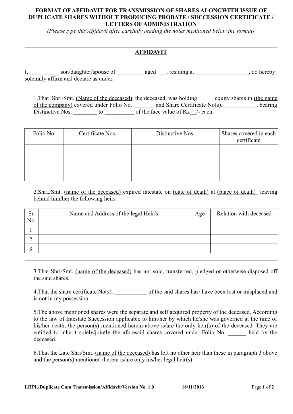 Format of Affidavit for Transmission of Shares Alongwith Issue of Duplicate Shares Without