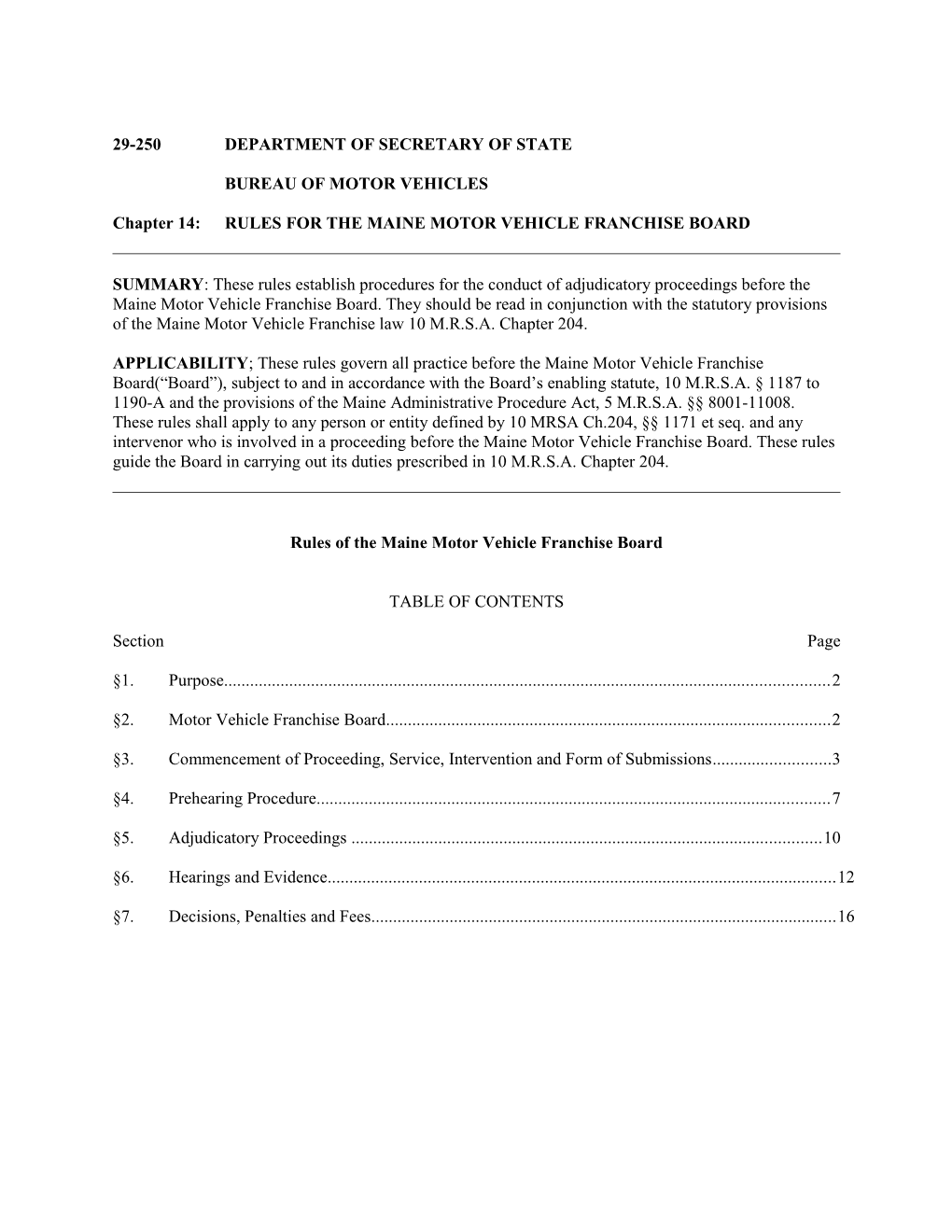 Chapter 14:RULES for the MAINE MOTOR VEHICLE FRANCHISE BOARD