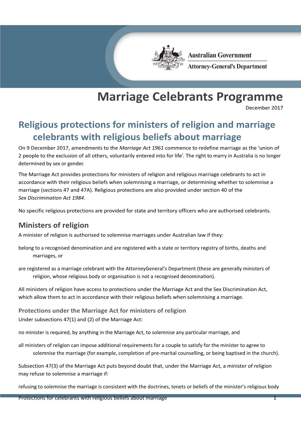 Fact Sheet - Protections for Ministers of Religion and Marriage Celebrants with Religious