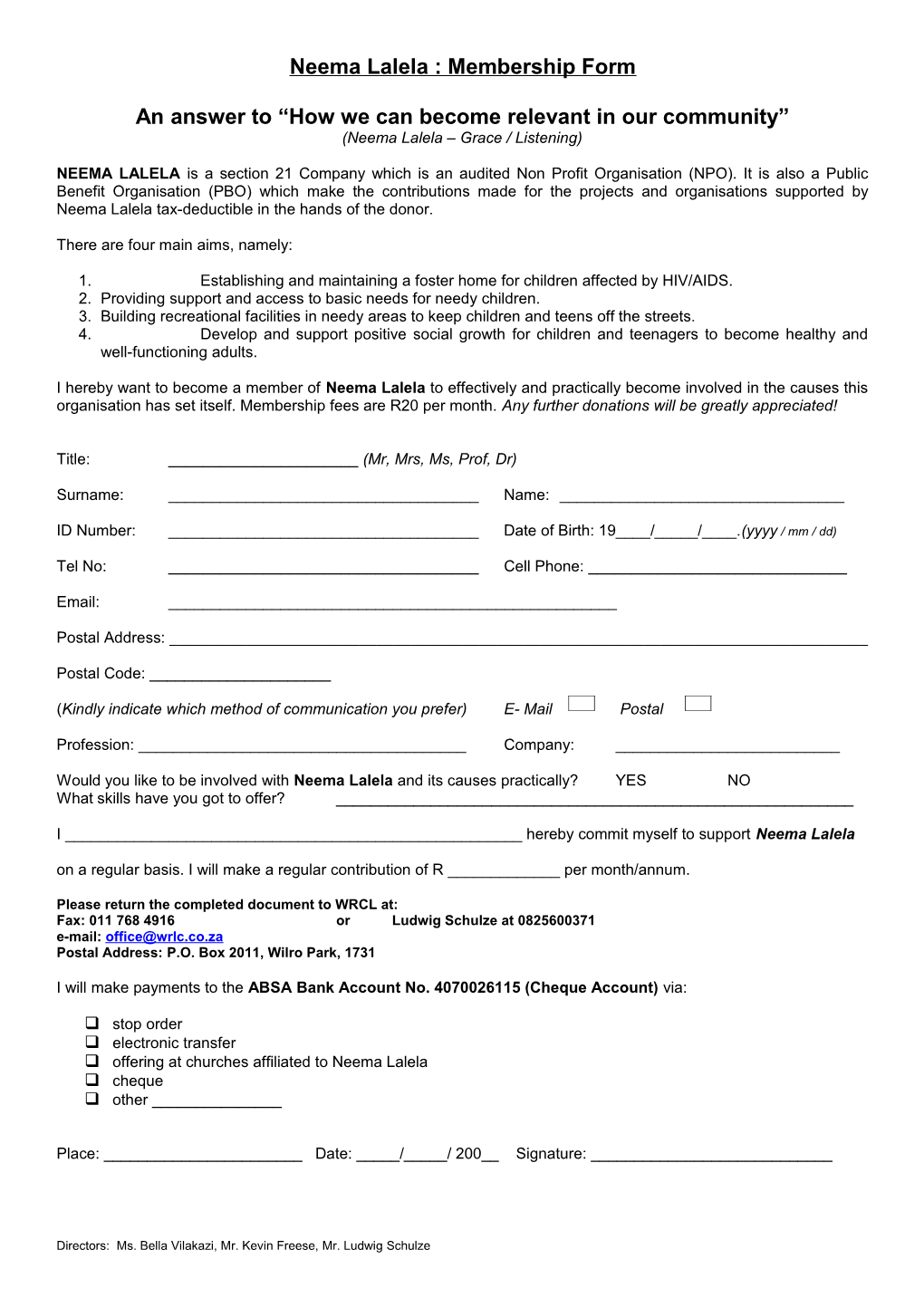 Neema Lalela Membership Form