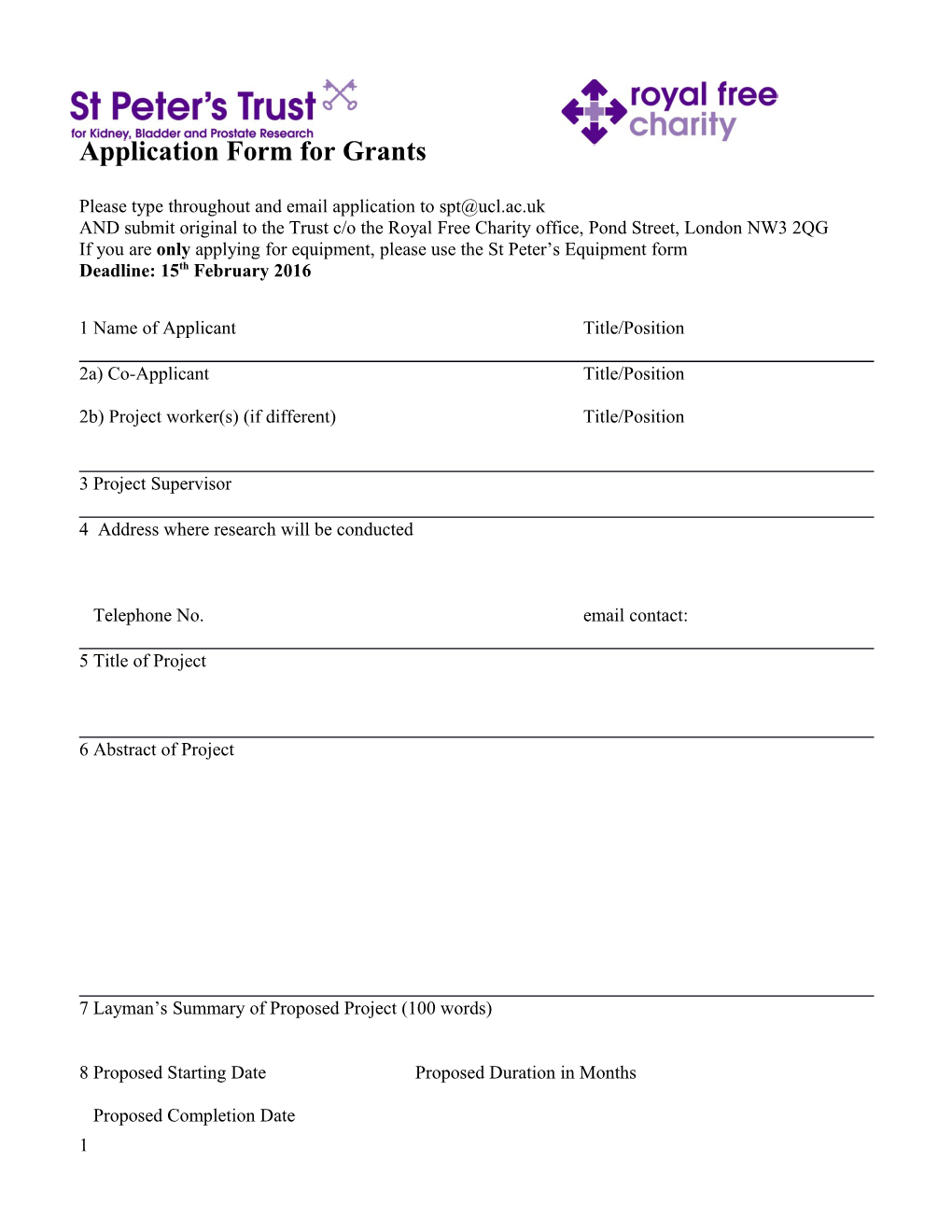 Application Form for Grants