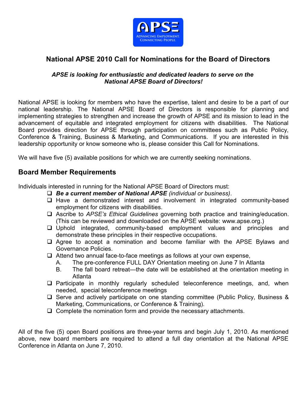 APSE 2009 Call for Nominations for the Board of Directors