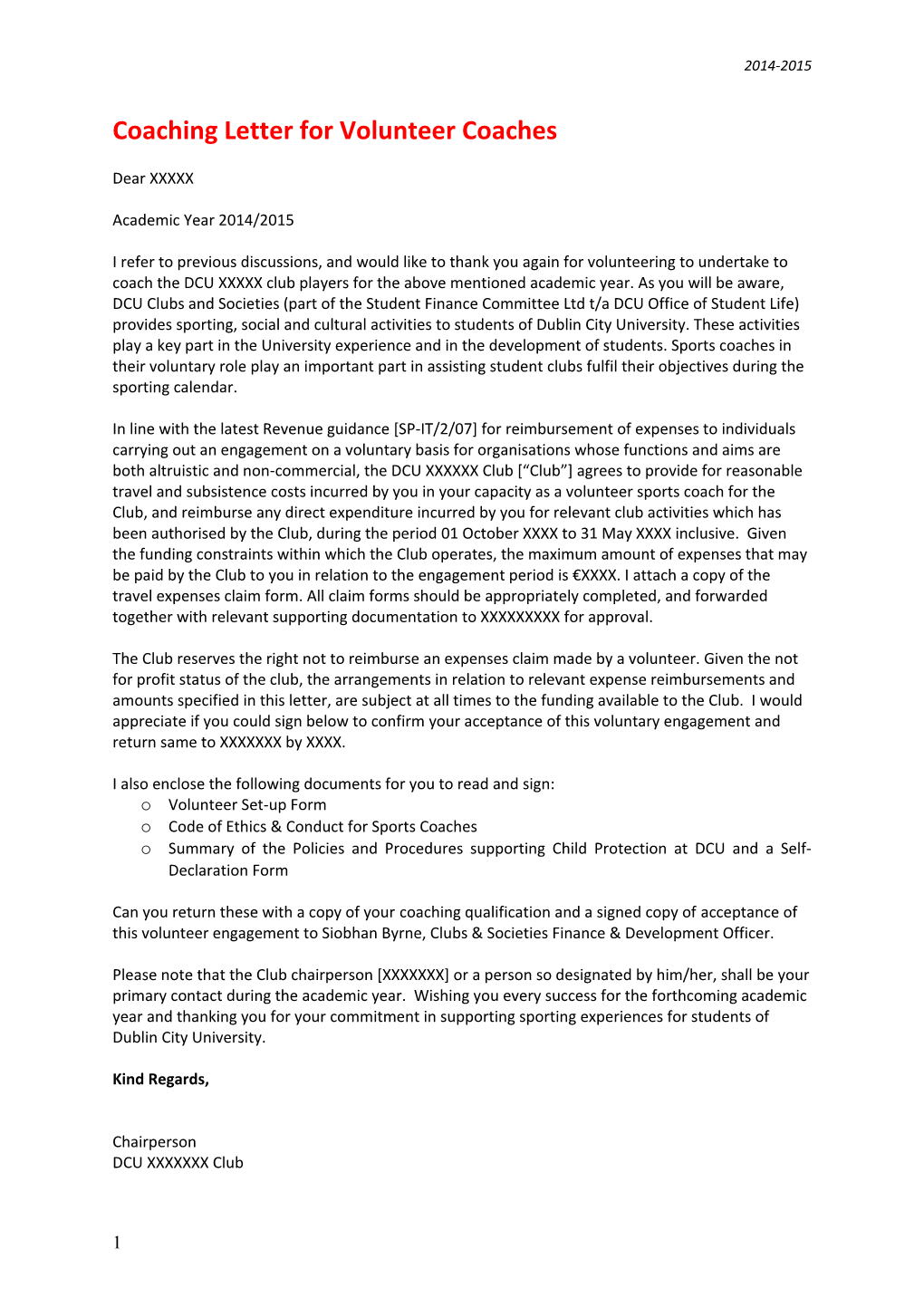 Coaching Letter for Volunteer Coaches