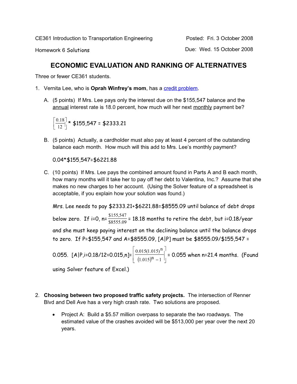 Economic Evaluation and Ranking of Alternatives