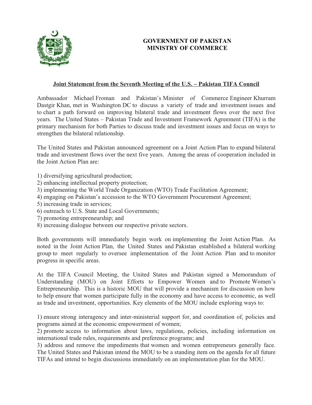 Joint Statement from the Seventh Meeting of the U.S. Pakistan TIFA Council
