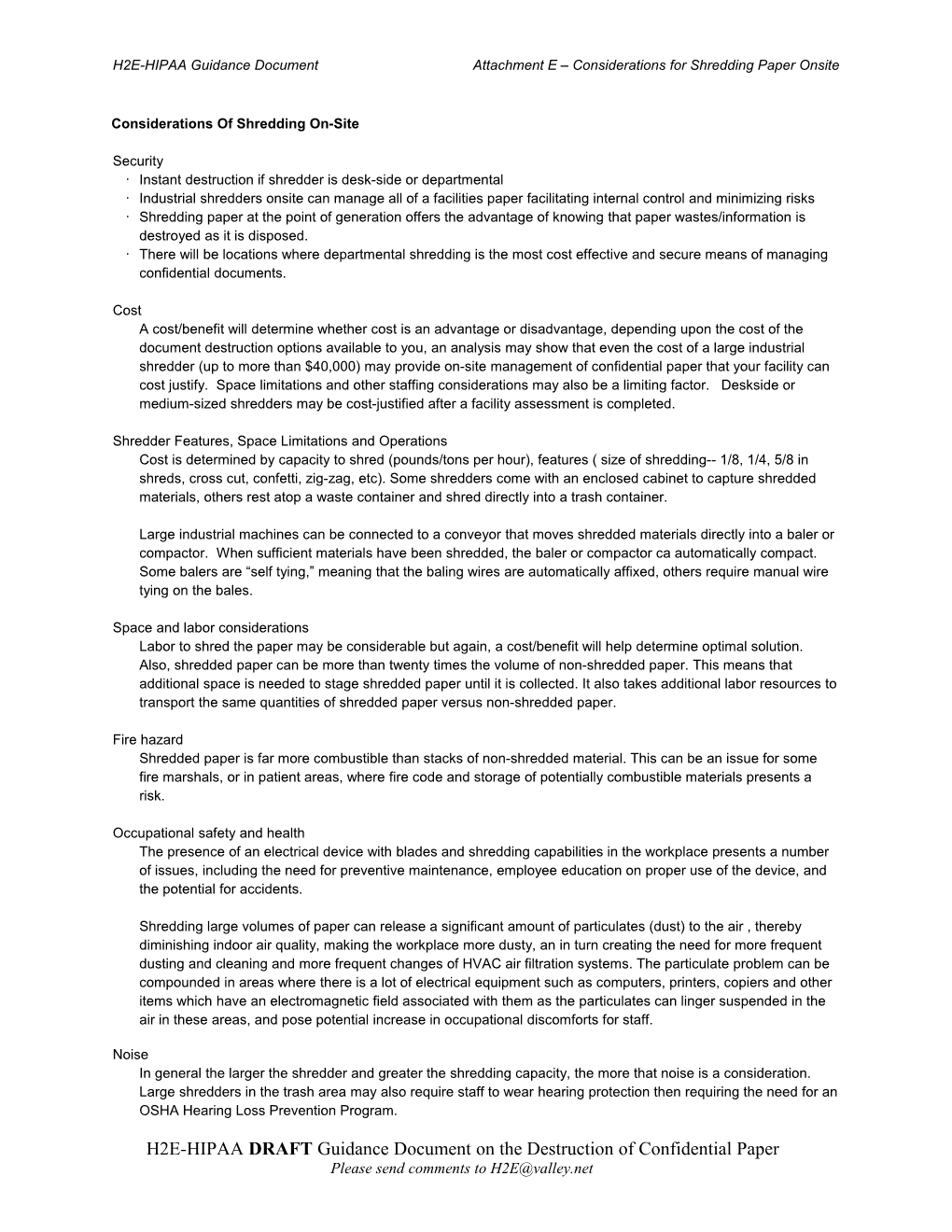 H2E HIPAA Guidance Document: Attachment E - Considerations Of Shredding On-Site