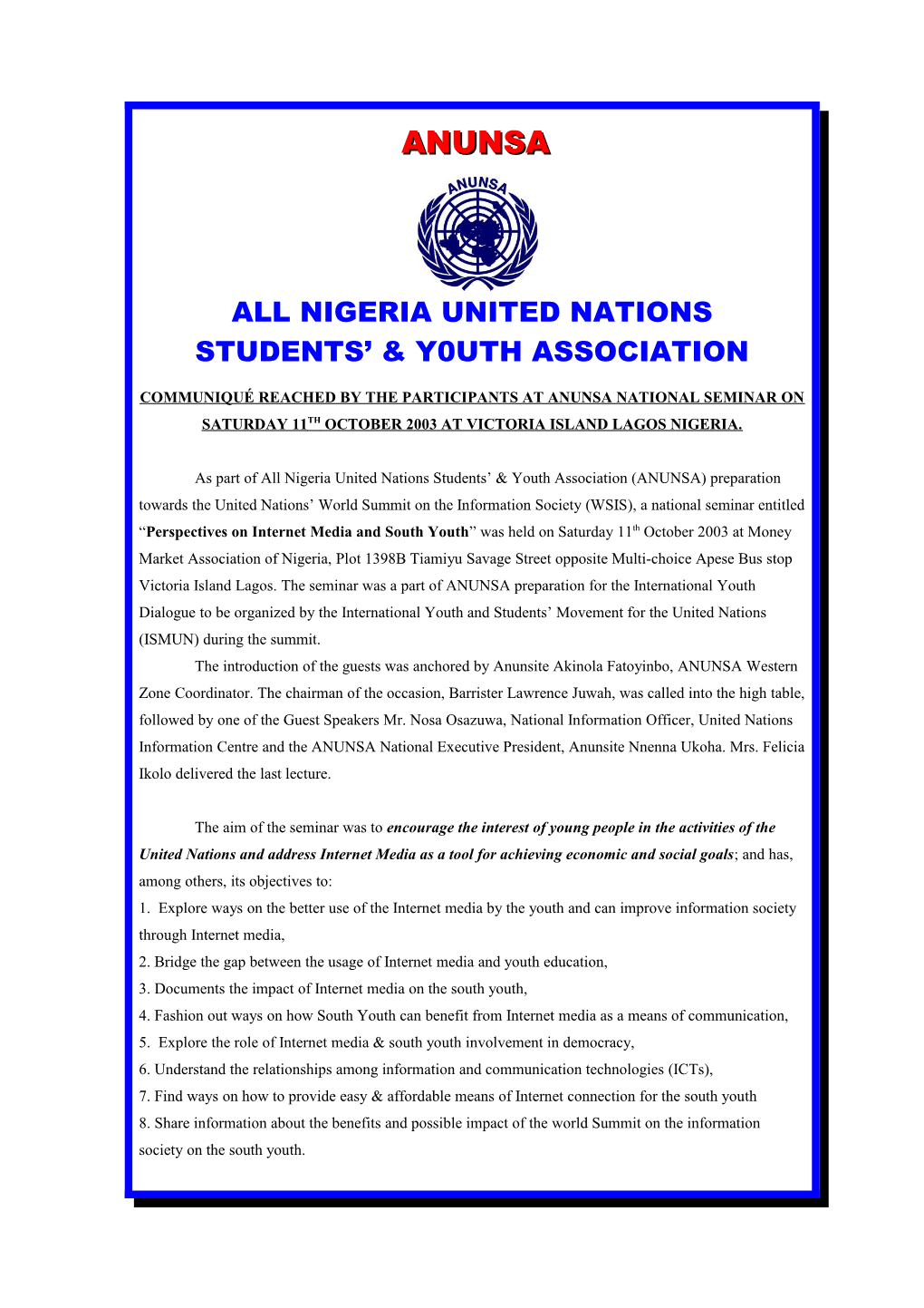 All Nigeria United Nations Students & Y0uth Association